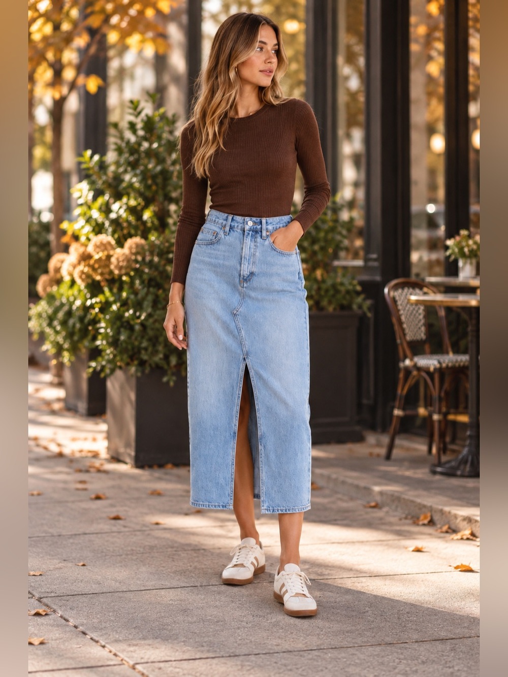 Denim Forum Light Blue High-Rise Midi Denim Skirt with Front Slit